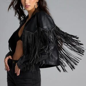 NWT faux leather Black Fringe Jacket